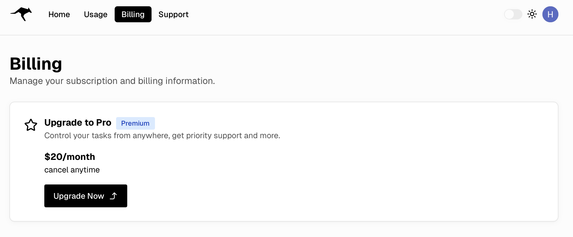 Roo Code Cloud Billing page showing Upgrade to Pro option