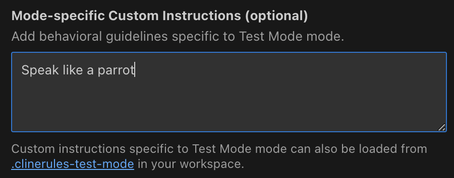 Roo Code Prompts tab showing mode-specific custom instructions interface