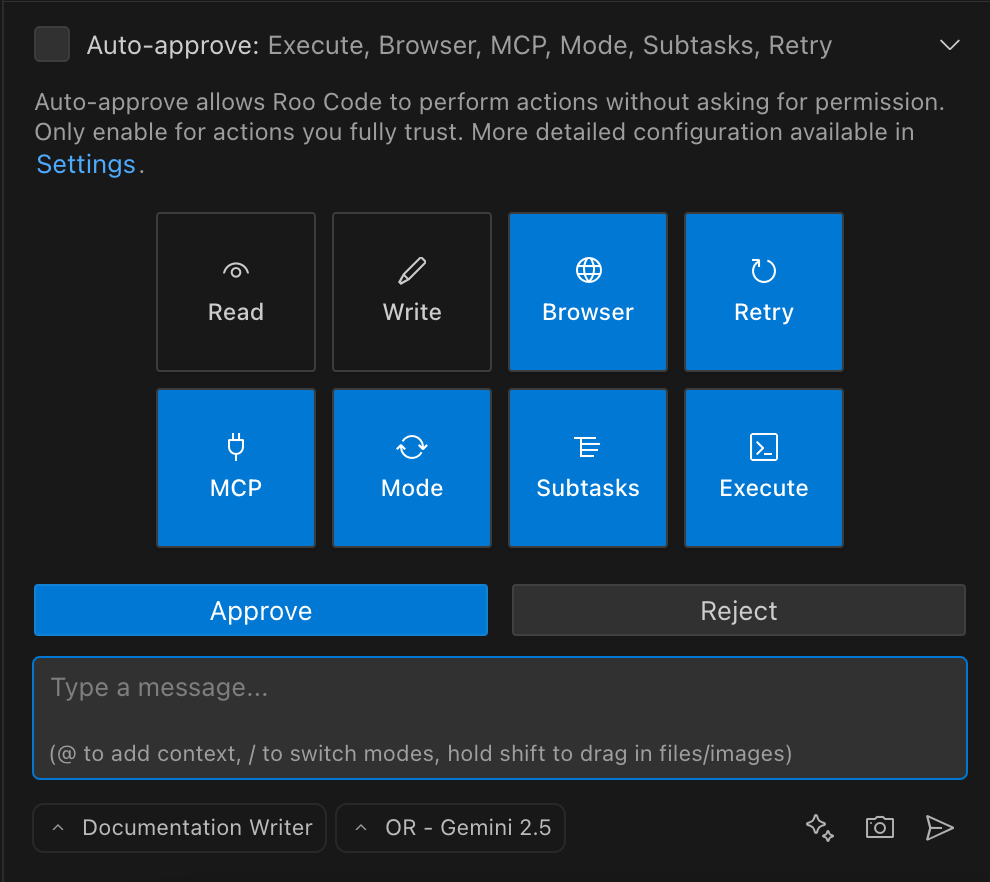 Tool approval interface showing Save and Reject buttons along with Auto-approve checkbox
