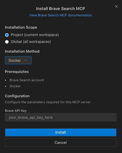 Parameterized MCP installation showing API key input and prerequisites